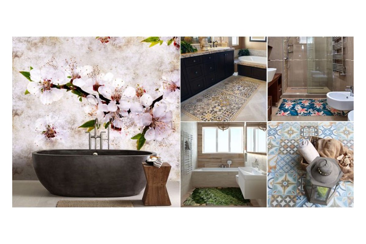 Adesivi colorati applicati su piastrelle del bagno per un look rinnovato.